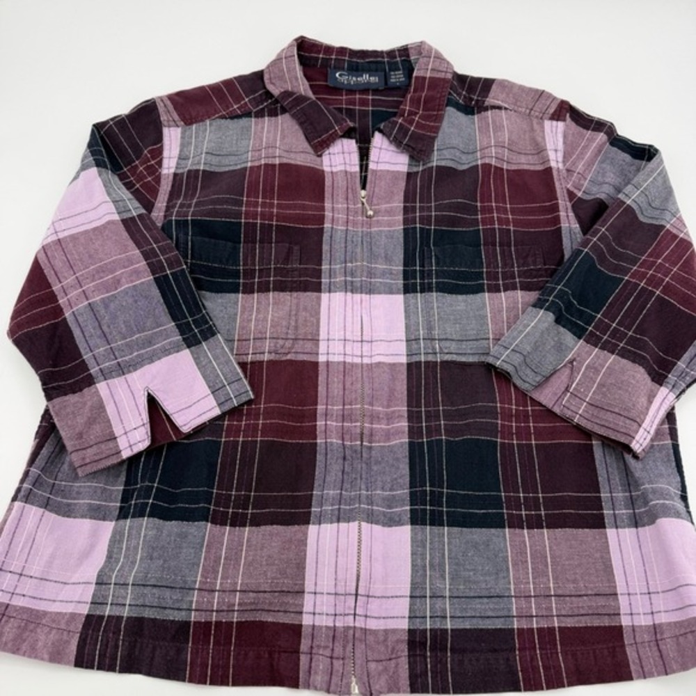 Plaid Zip Front Shirt Jacket Women's Large‎ Burgundy Pink Navy Cotton Grunge - Picture 9 of 11